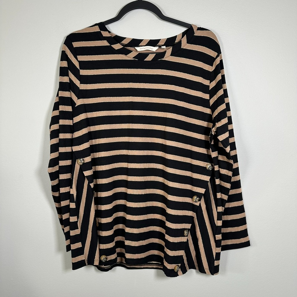 Soft Surroundings XLarge Top Black Tan Striped Long Sleeve Button Side Metallic